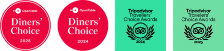 Four award badges in two styles: two red OpenTable Diners' Choice badges (2024, 2025) with white text, and two green TripAdvisor Travellers’ Choice Awards for Bhageecha, a modern Indian restaurant, with black owl logos and text. | Indian Restaurant Elstree Borehamwood