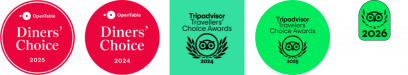 Five circular and shield-shaped awards are displayed in a row for this modern Indian restaurant, including OpenTable Diners’ Choice badges for 2024 and 2025, Tripadvisor Travellers’ Choice logos for 2024 and 2025, and a 2026 Tripadvisor Travellers’ Choice shield. | Indian Restaurant Elstree Borehamwood
