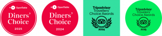 Four award badges: two red OpenTable Diners’ Choice 2025 circles and two green TripAdvisor Travellers’ Choice Awards for Bhageecha, a modern Indian restaurant. The left badge features the black owl logo with “2024” below, symbolizing excellence. | Indian Restaurant Elstree Borehamwood