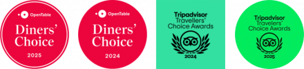 Four award badges in a row highlight bhageecha&mdash;a modern Indian restaurant: two red OpenTable Diners' Choice 2025 circles, followed by two TripAdvisor Travellers&rsquo; Choice Awards 2024 badges with owl logos and laurel wreaths. | Indian Restaurant Elstree Borehamwood